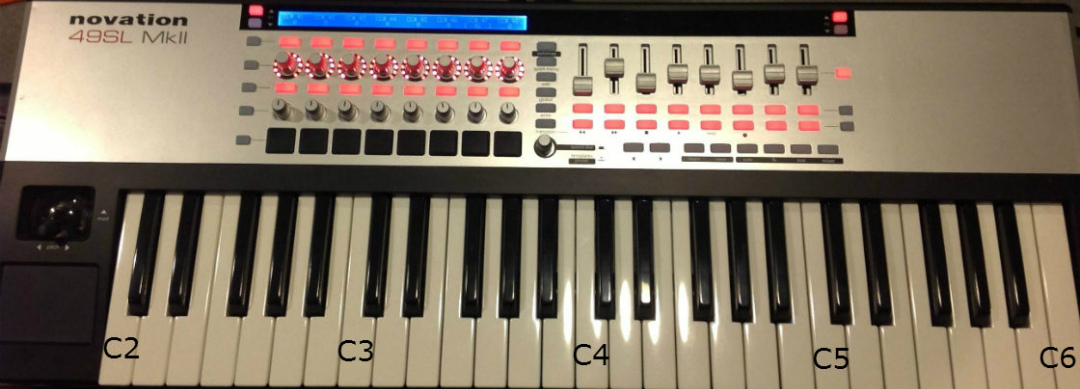 Keyboard music notes shown by octave on a 49-key keyboard